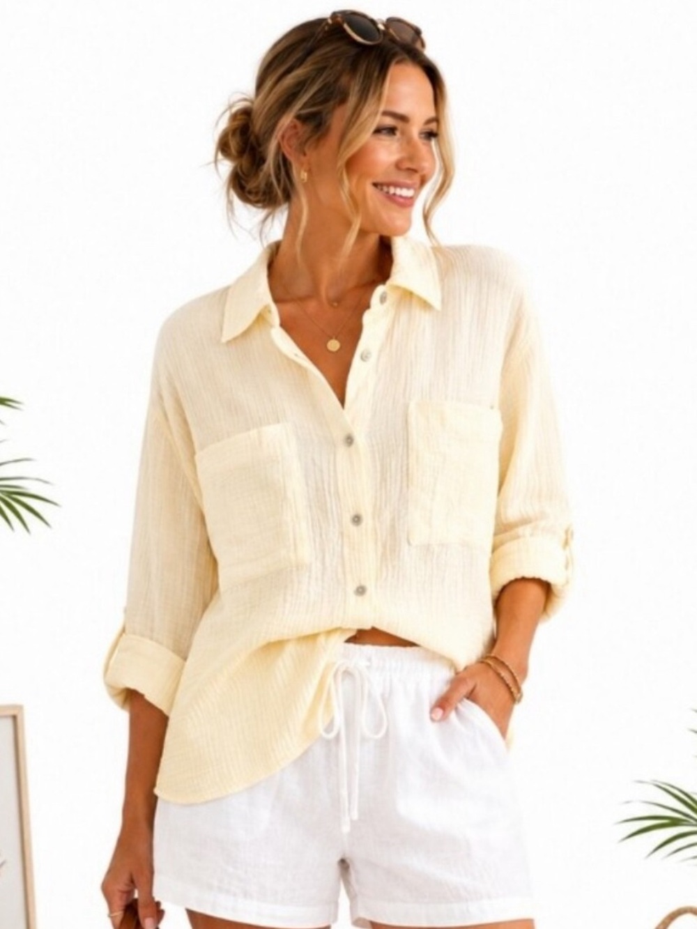 Magaschoni Organic Cotton Butter Yellow Button-Up Shirt Sz XS